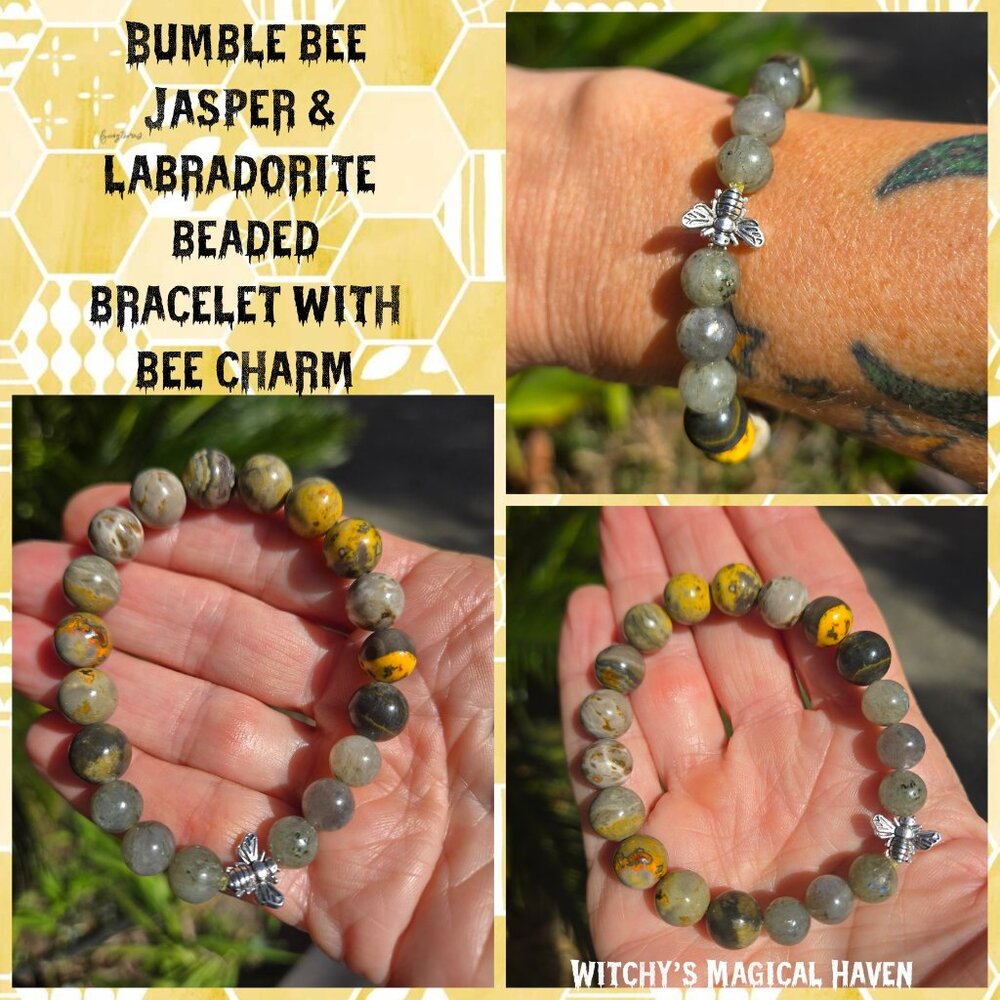 Eclipse Jasper & Labradorite Gemstone Bracelet with a Bee Charm